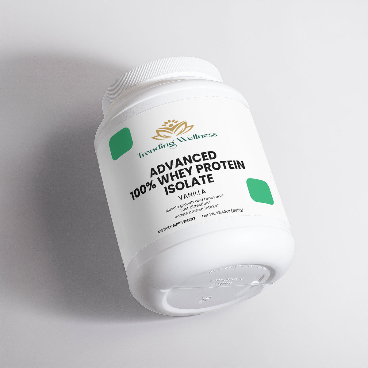 Container of Trending Wellness Advanced 100% Whey Protein Isolate on a light gray background