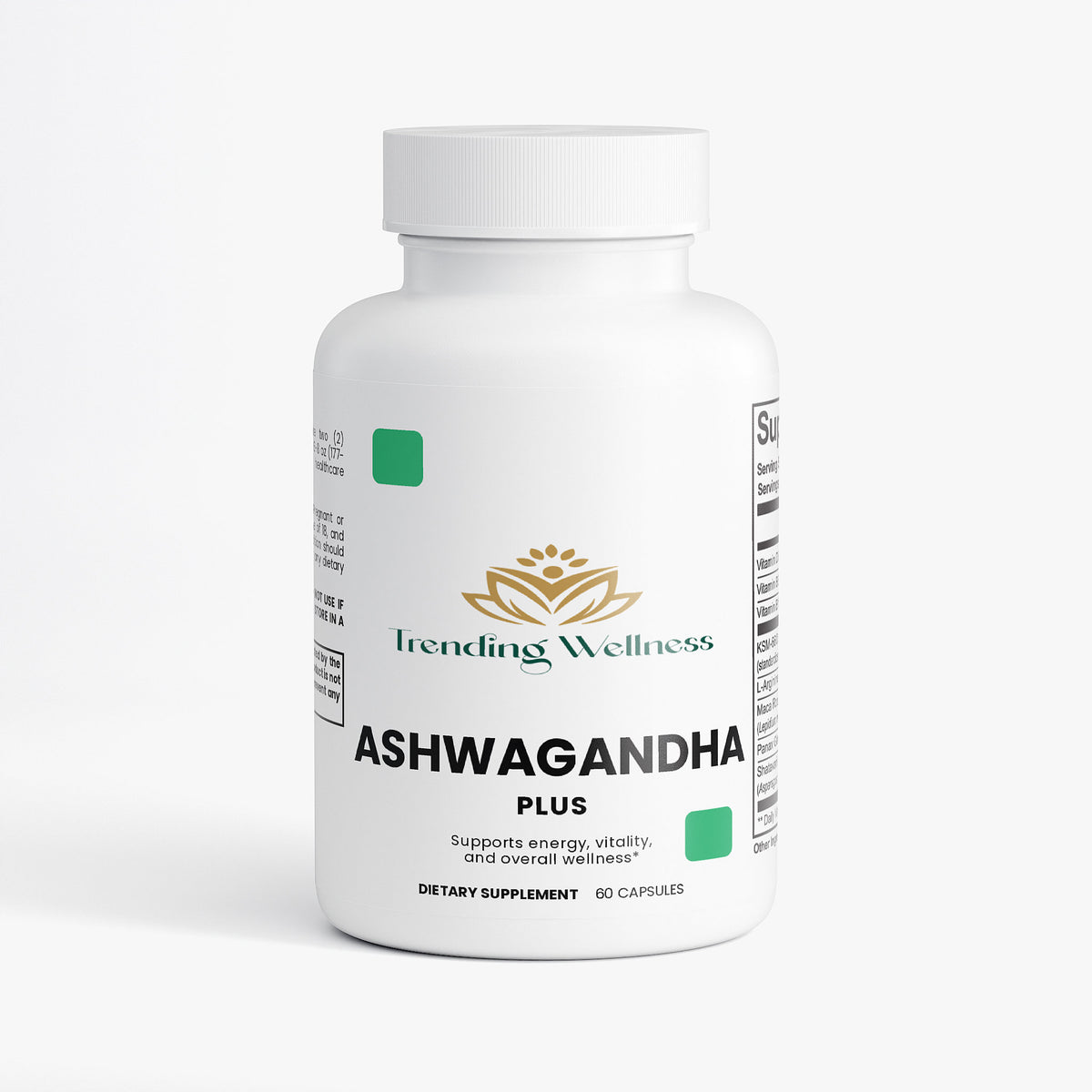 Bottle of Trending Wellness Ashwagandha Plus supplement on a white background