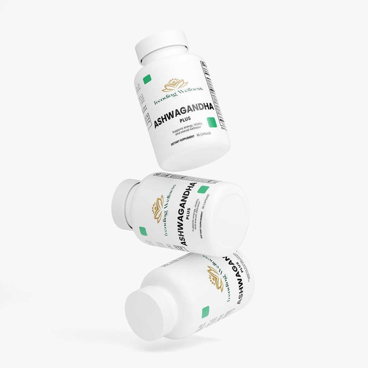 Three bottles of Ashwagandha Plus on a white background