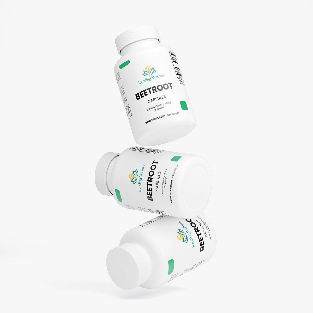 Three bottles of Beetroot capsules on a white background
