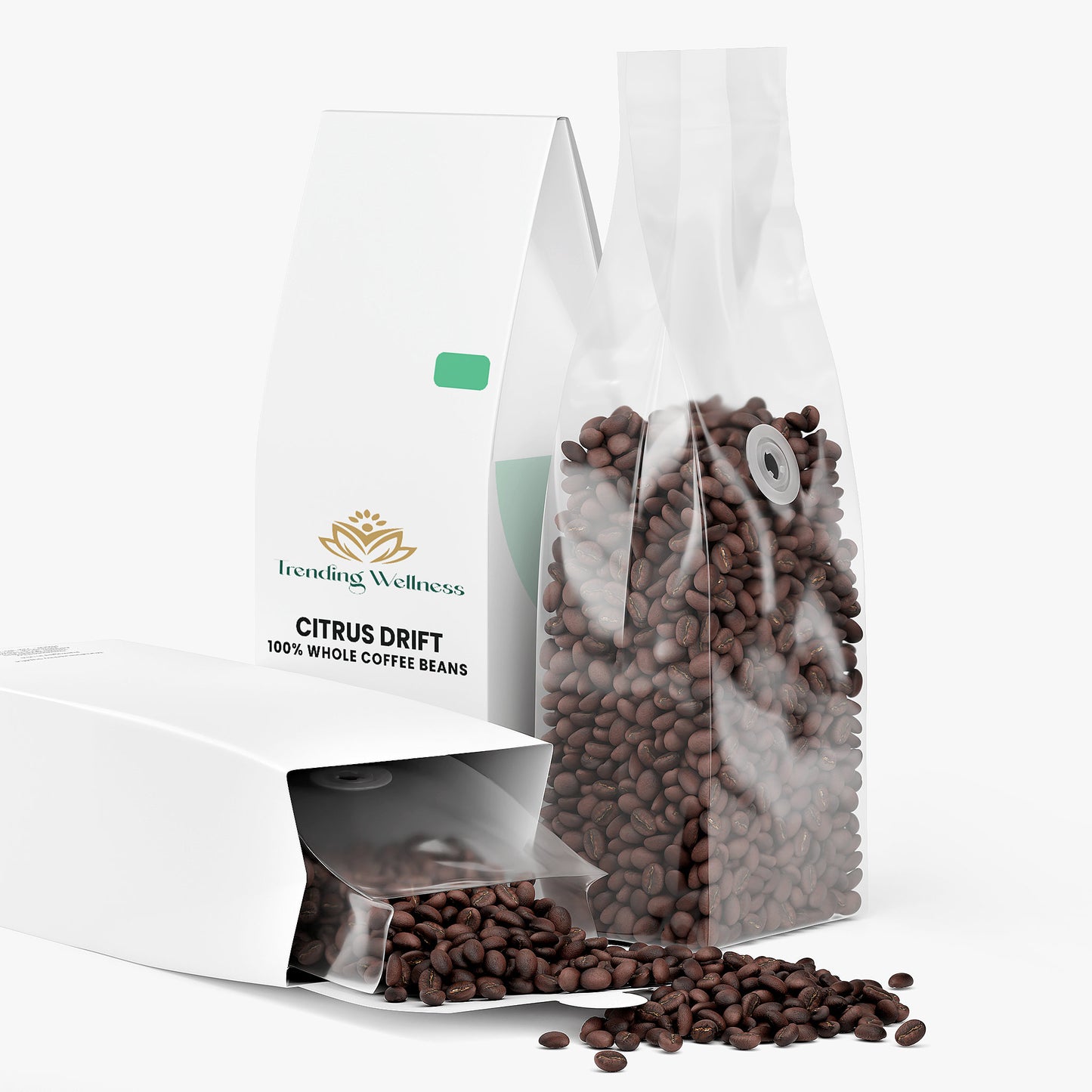 Clear bag of lemon glaze coffee beans with visible branding on a white background
