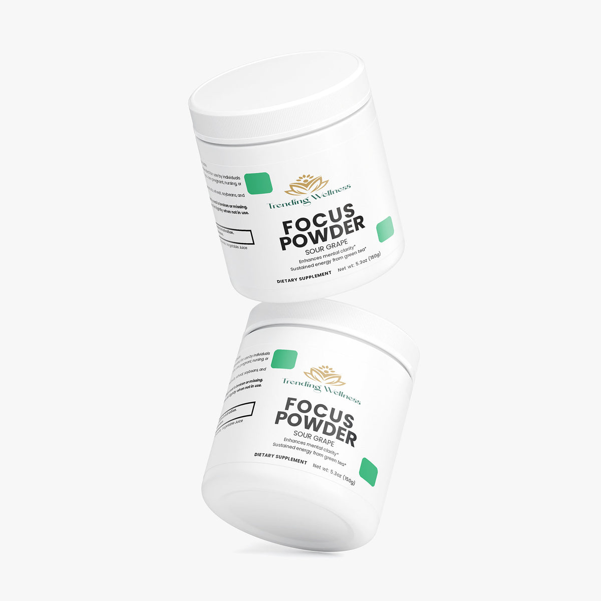 Two containers of 'Focus Powder' by Ancient Wellness on a white background