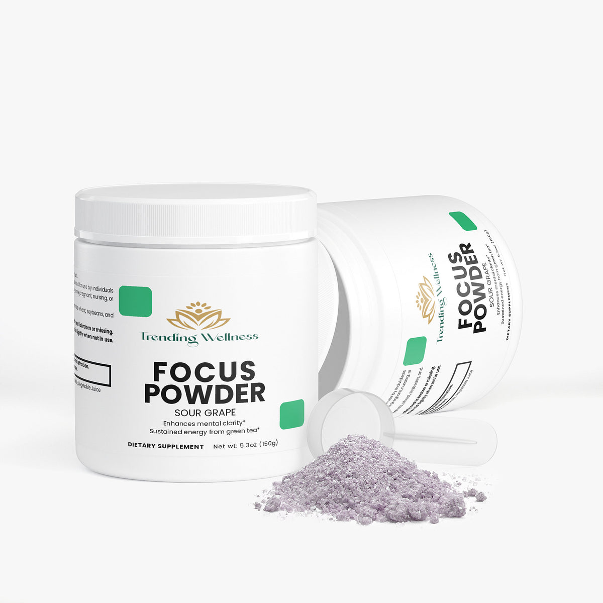 Trending Wellness Focus Powder container with a scoop of powder on a white background