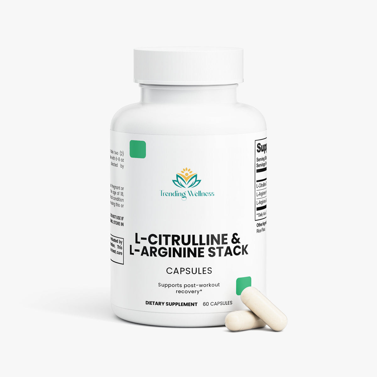 Supplement bottle labeled 'L-Citrulline & L-Arginine Stack' by Trending Wellness on a white background.