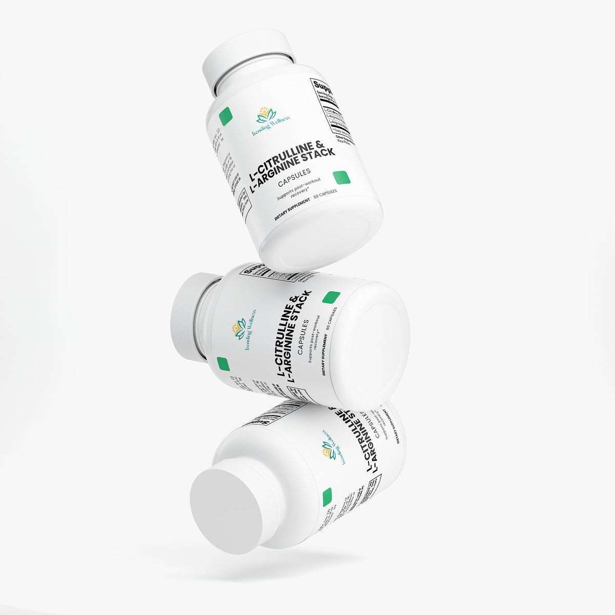 Three bottles of L-tyrosine and L-ornithine stack on a white background