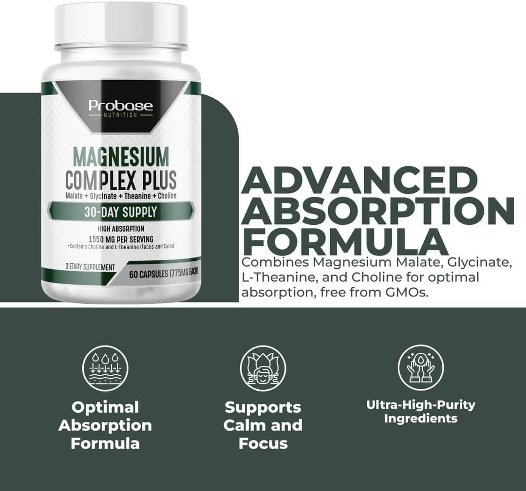 Magnesium Complex Plus with Magnesium Malate, Glycinate, L-Theanine, and Choline High Absorption Formula 60 Capsules 30-Day Supply - Trending Wellness Store