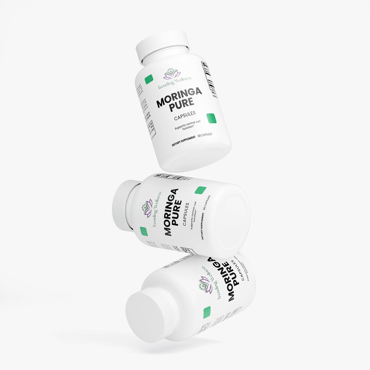 Three bottles of Moringa Pure capsules on a white background