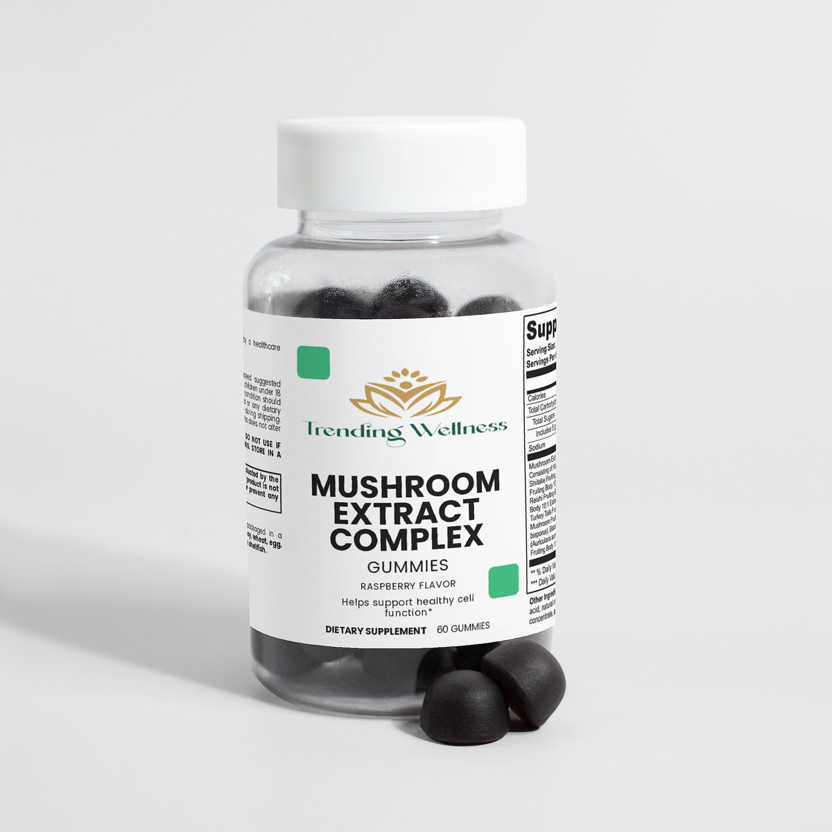 Bottle of VitalDaily Mushroom Extract Complex Gummies on a light gray background