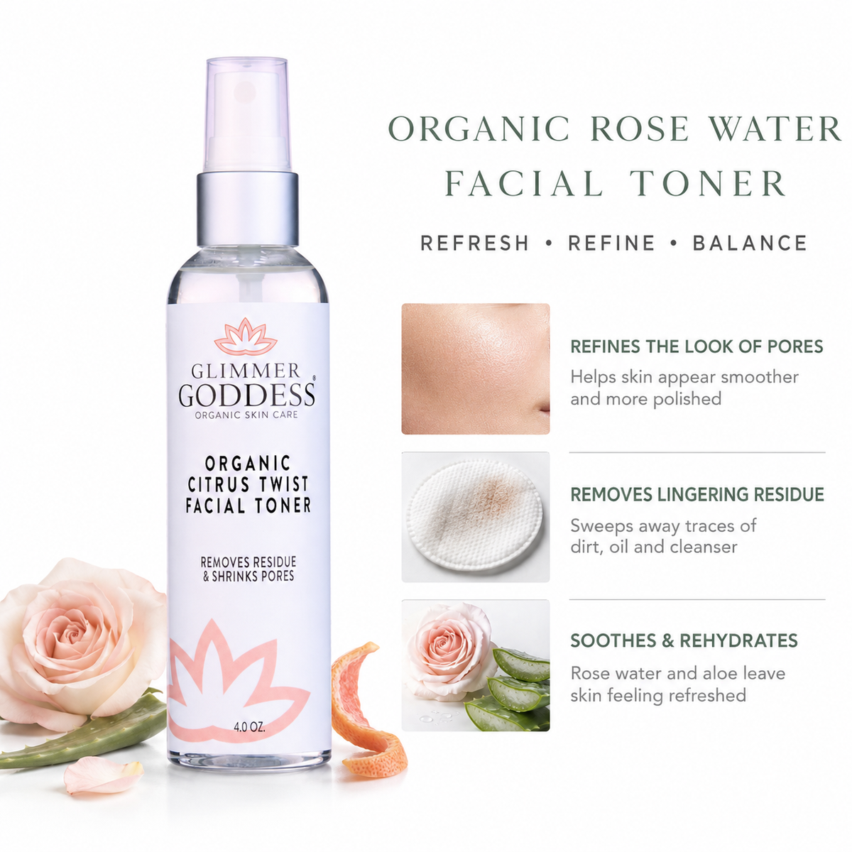 Organic Rose Water Facial Toner – Citrus Twist Toner with Witch Hazel & Aloe for Pore Tightening - Trending Wellness Store