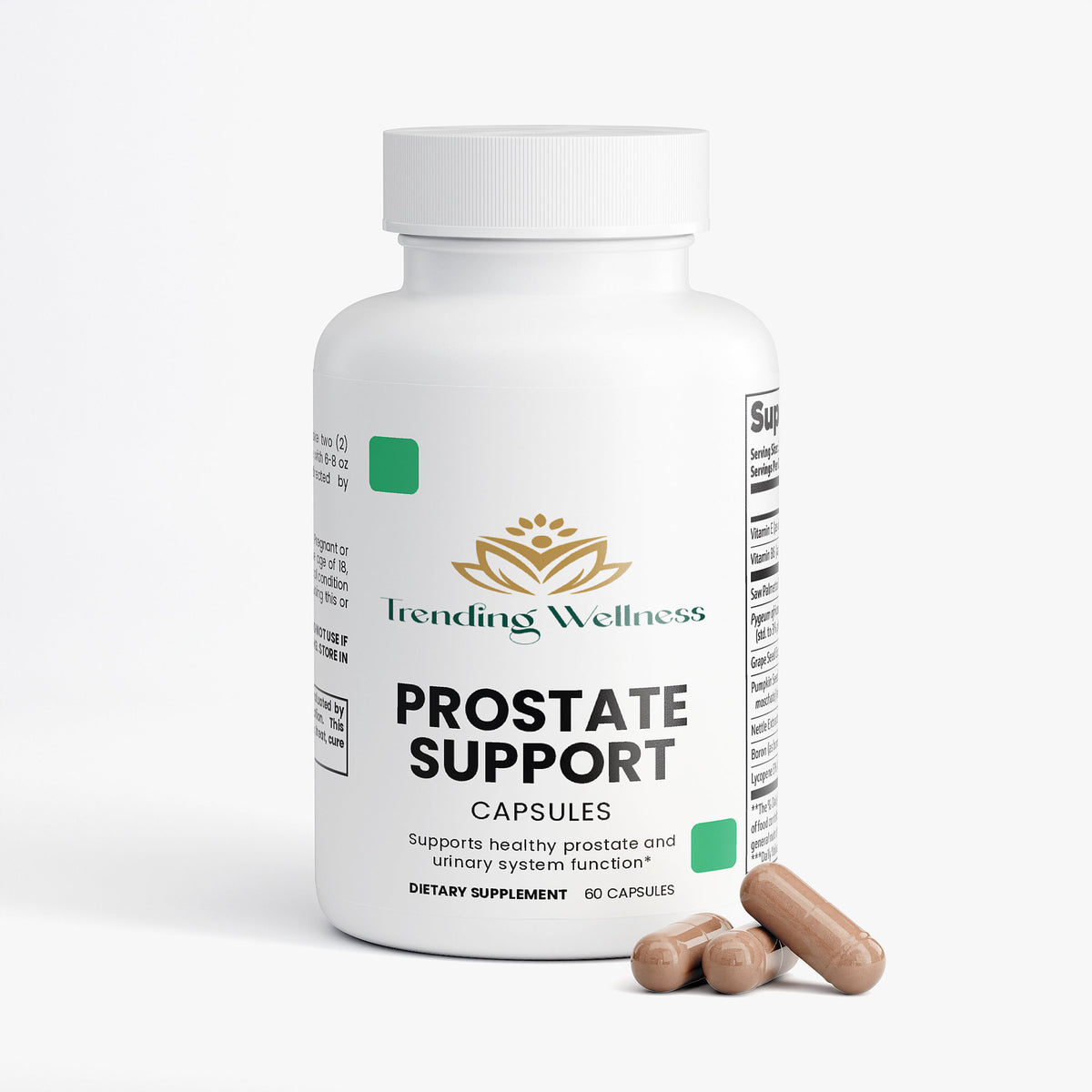 Trending Wellness Prostate Support supplement bottle with capsules on a white background