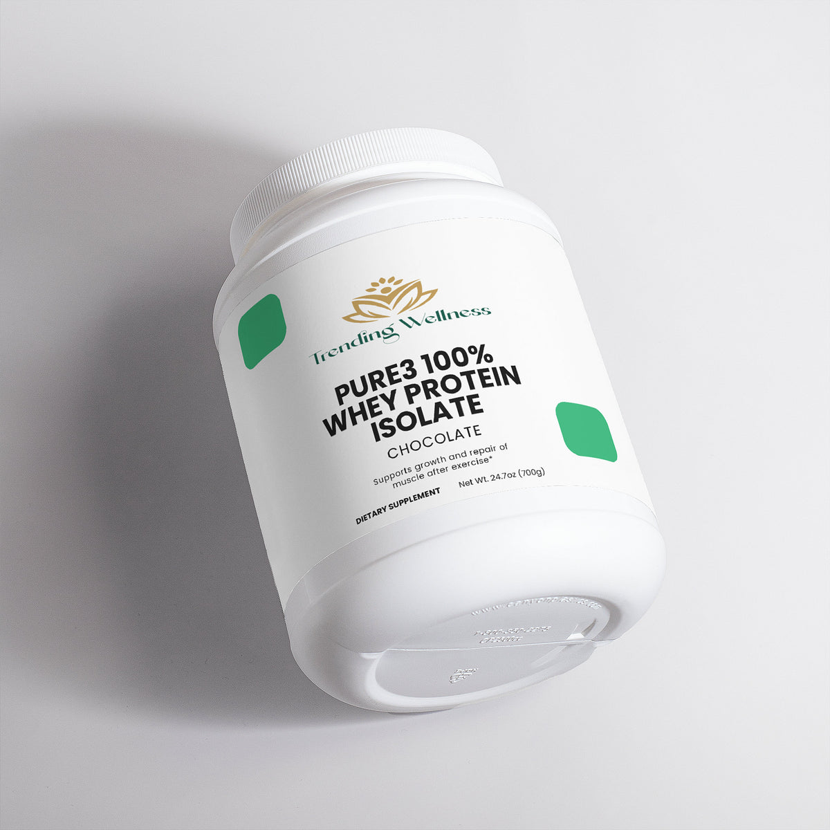 Container of Trending Wellness Pure3 100% Whey Protein Isolate on a light gray background