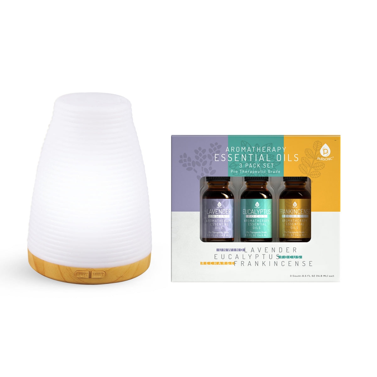 Pursonic Aromatherapy 2 in 1 USB Diffuser & Essential Oil Set-Ultrasonic Top 3 Oils-300ml with 2 Mist Settings 7 Ambient Light Settings - Trending Wellness Store
