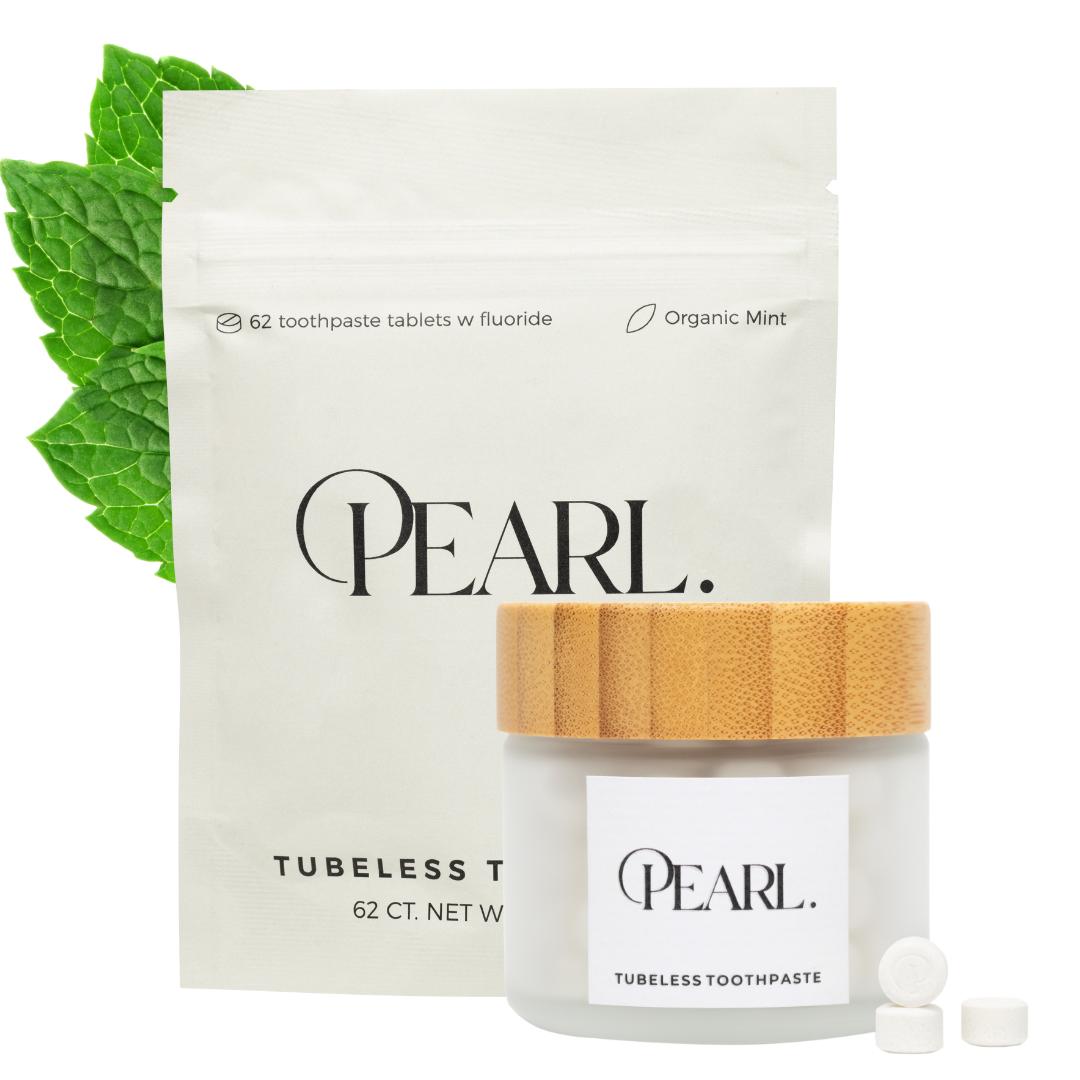 Starter Kit: The Pearl Jar - White Sea Glass & Fluoride Mint Toothpaste Tablets | 62 Tablets | Refill Pouch - Trending Wellness Store