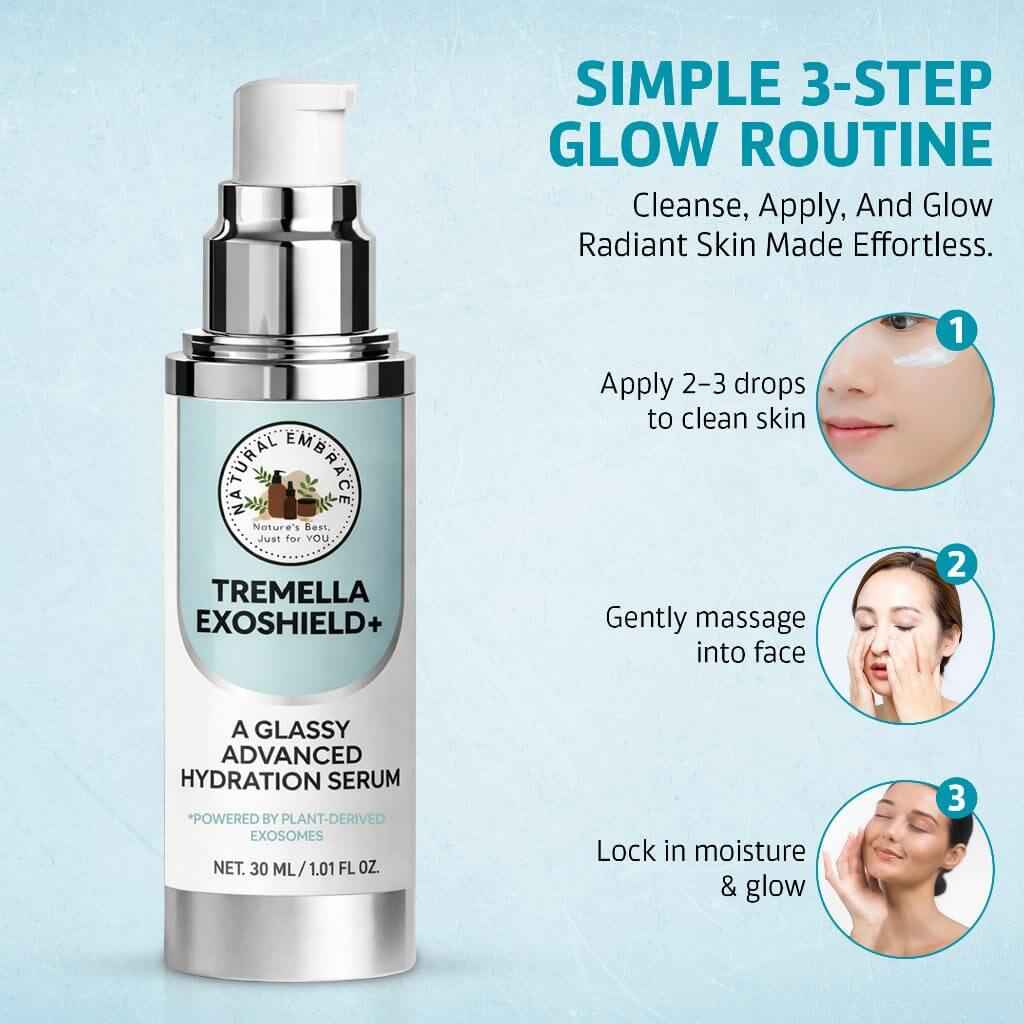 Natural Embrace Tremella Exoshield+ 3-in-1 | Hydrating Lift Serum, Exosome Glow Booster & Glass Skin Primer