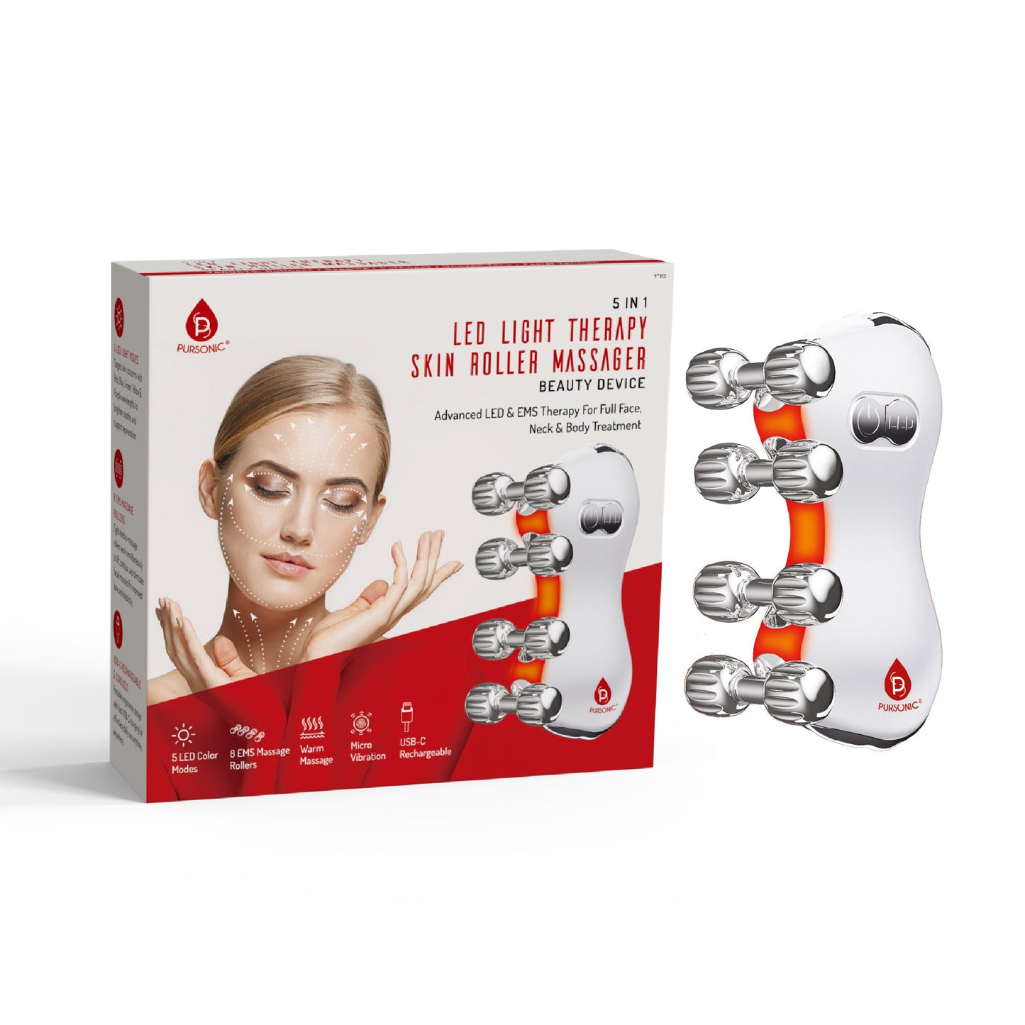 5-in-1 Skin Roller Massager With LED Light Therapy & 3-in-1 Facial Cleansing Device with 7 Color LED Light Therapy - Trending Wellness Store
