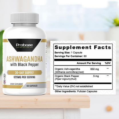 Probase Nutrition Ashwagandha with Black Pepper 60 Capsules 30-Day Supply