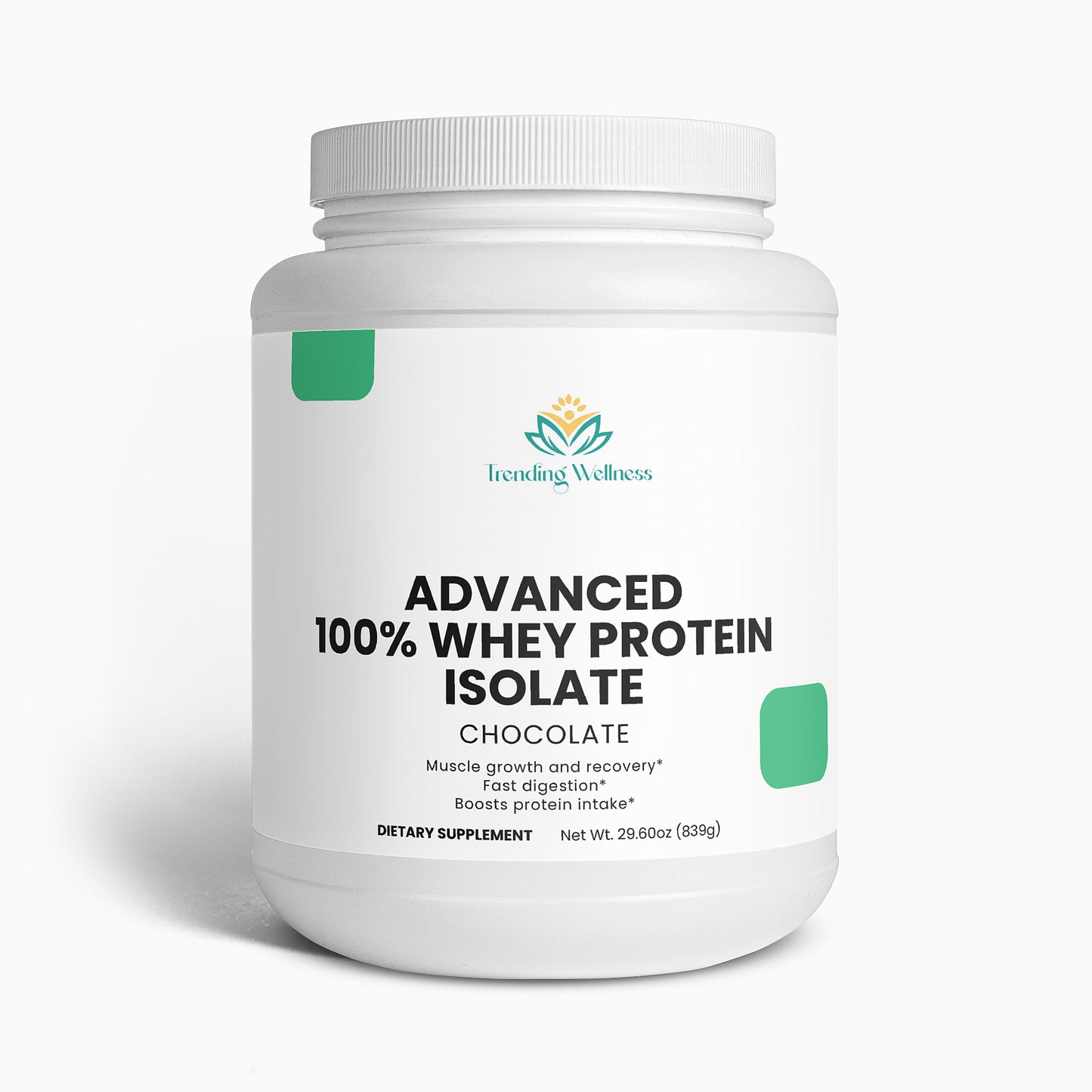Container of Trending Wellness Advanced 100% Whey Protein Isolate on a white background