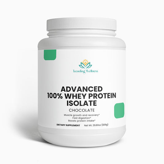Container of Trending Wellness Advanced 100% Whey Protein Isolate on a white background