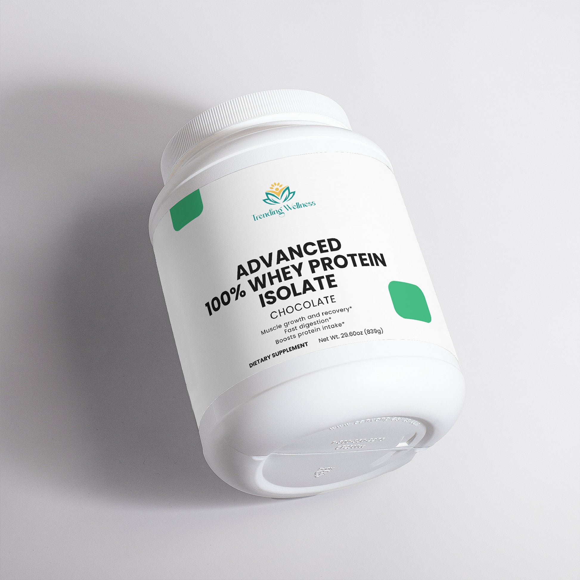 Container of Advanced Whey Protein Isolate on a light gray background