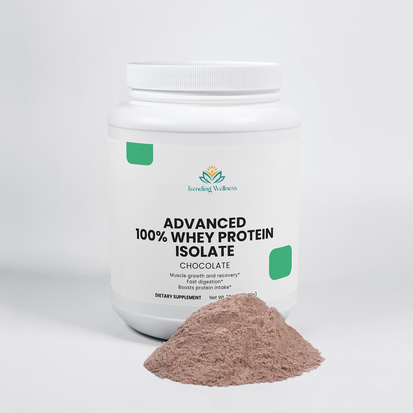 Container of Advanced 100% Whey Protein Isolate with visible powder on a white background