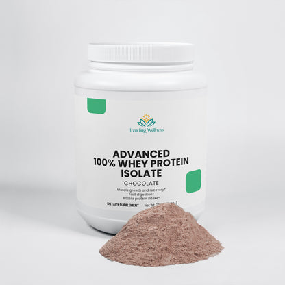 Container of Advanced 100% Whey Protein Isolate with visible powder on a white background