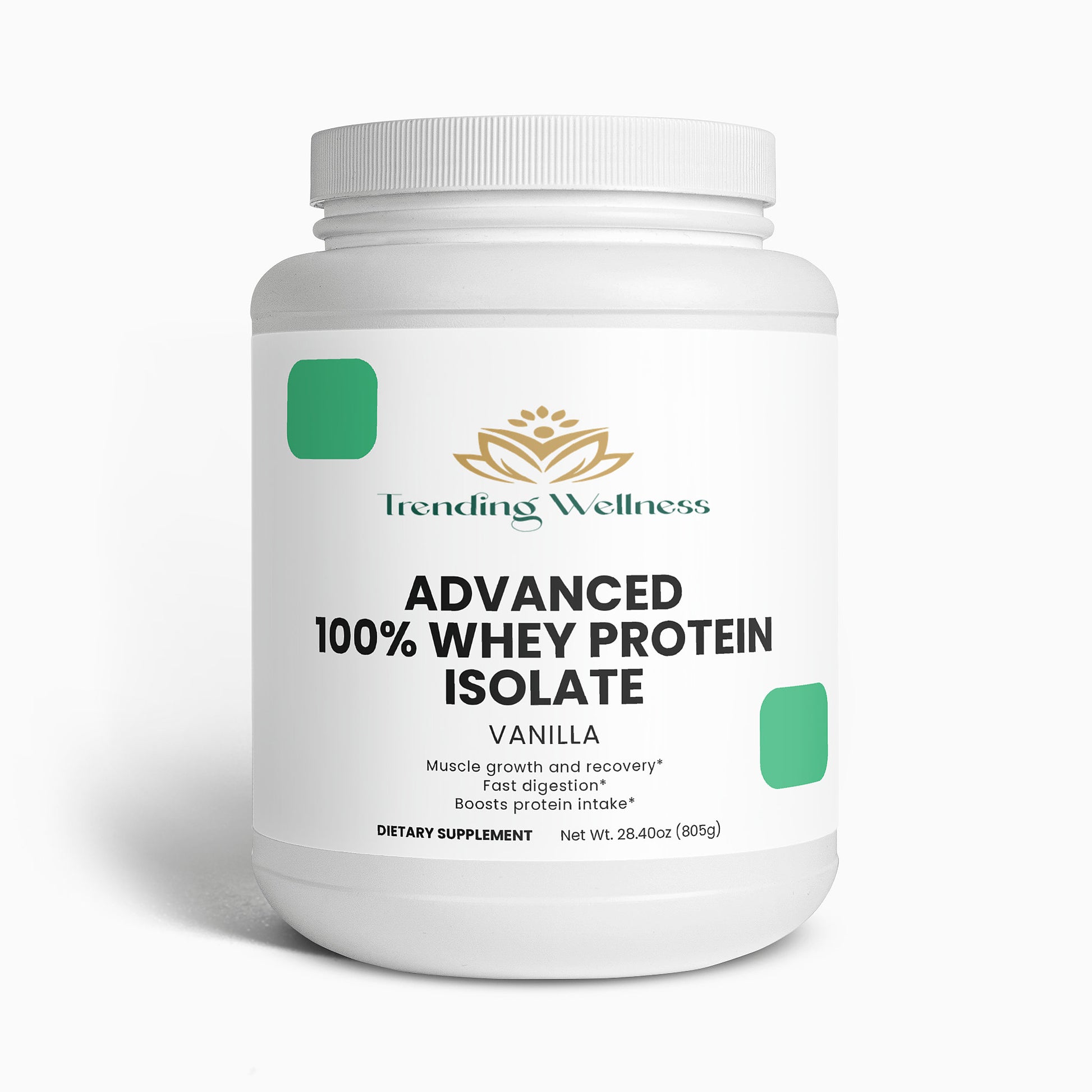 Trending Wellness Advanced 100% Whey Protein Isolate container on a white background
