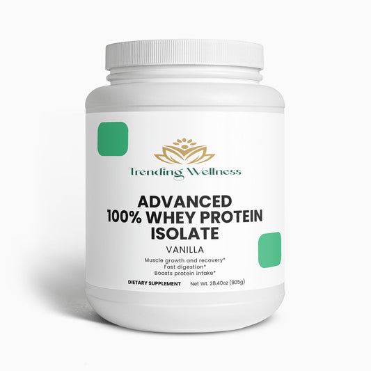 Trending Wellness Advanced 100% Whey Protein Isolate container on a white background