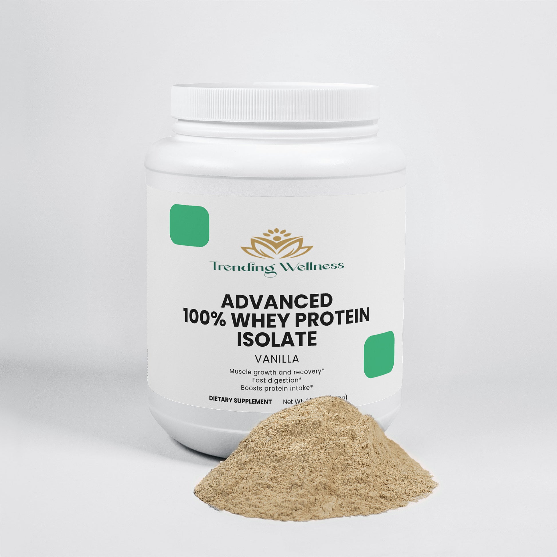 Trending Wellness Advanced 100% Whey Protein Isolate container with powder spilling out on a white background