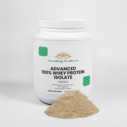 Trending Wellness Advanced 100% Whey Protein Isolate container with powder spilling out on a white background