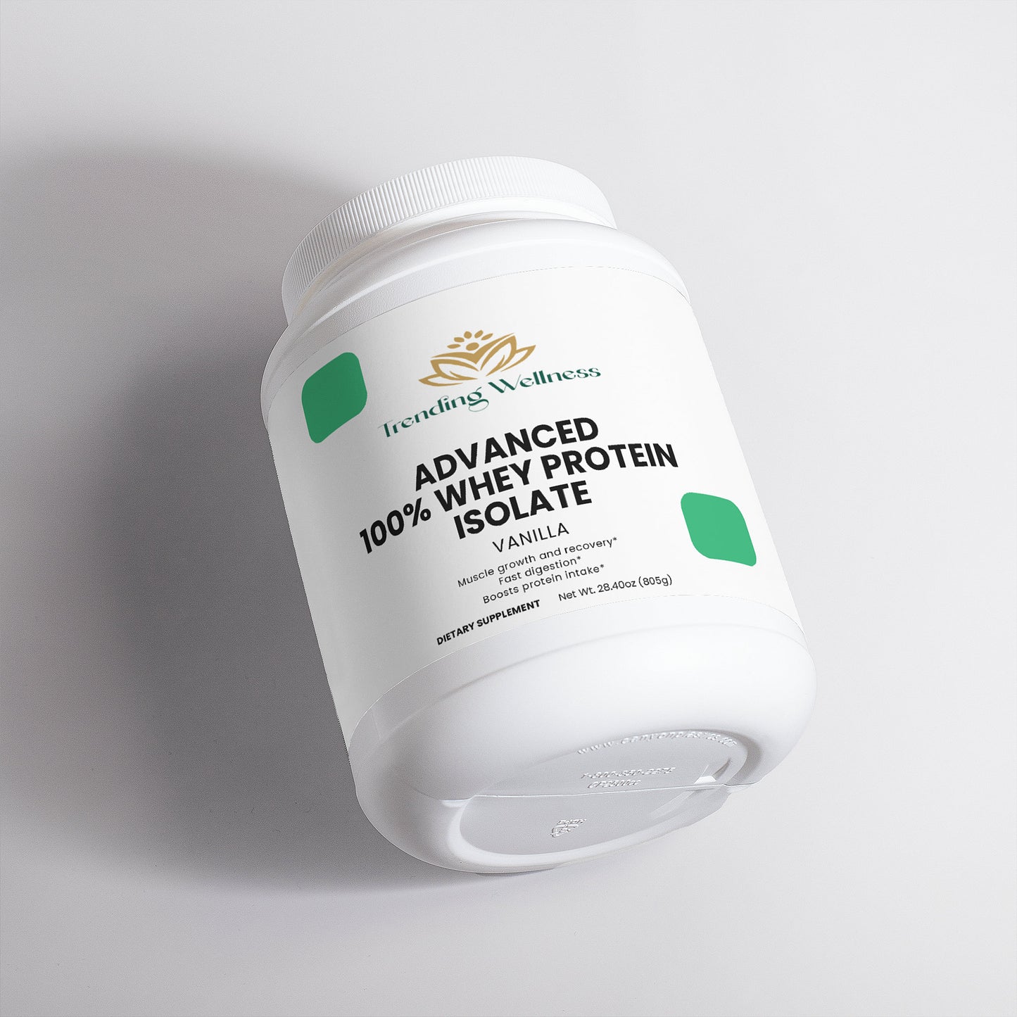 Container of Trending Wellness Advanced 100% Whey Protein Isolate on a light gray background