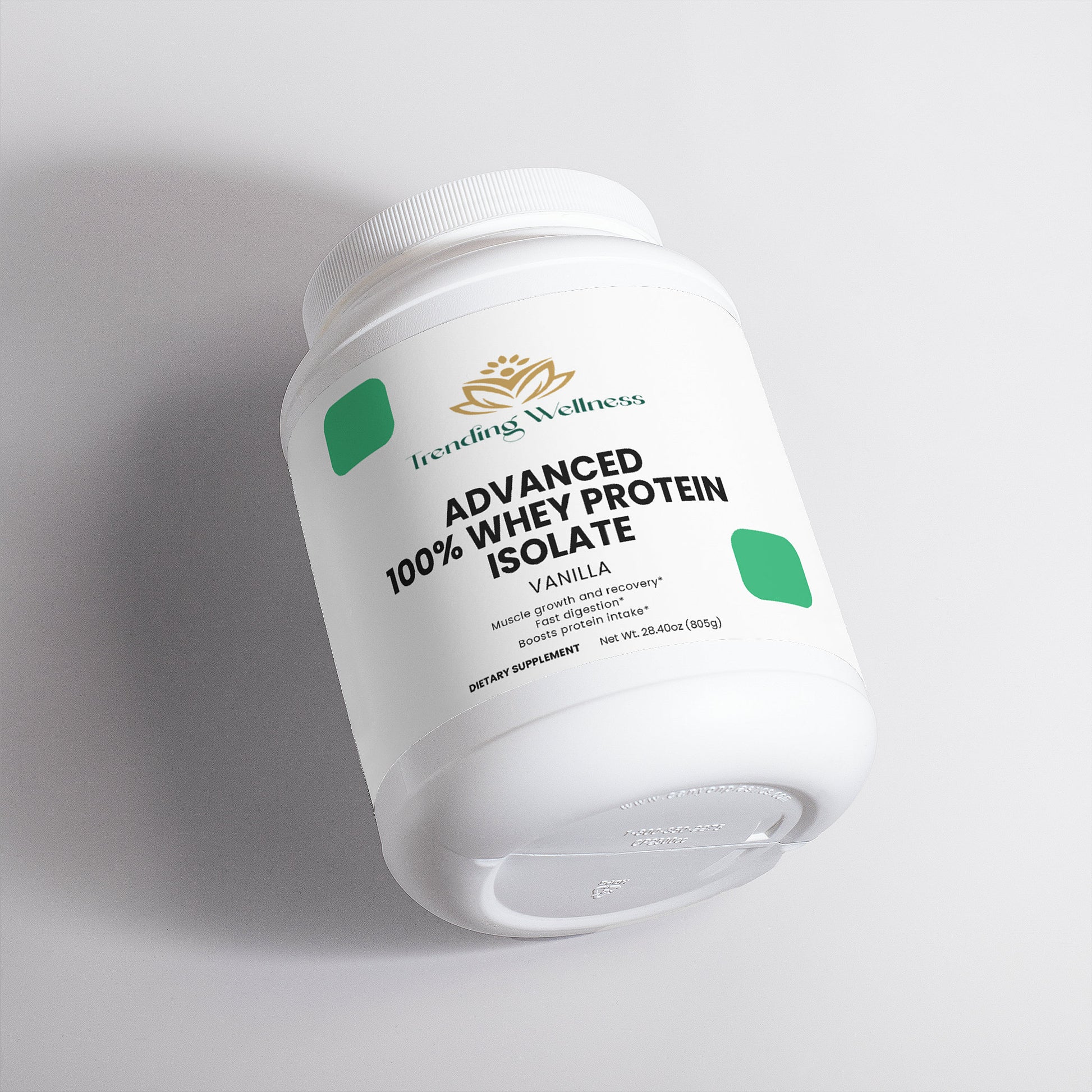 Container of Trending Wellness Advanced 100% Whey Protein Isolate on a light gray background