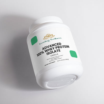 Container of Trending Wellness Advanced 100% Whey Protein Isolate on a light gray background