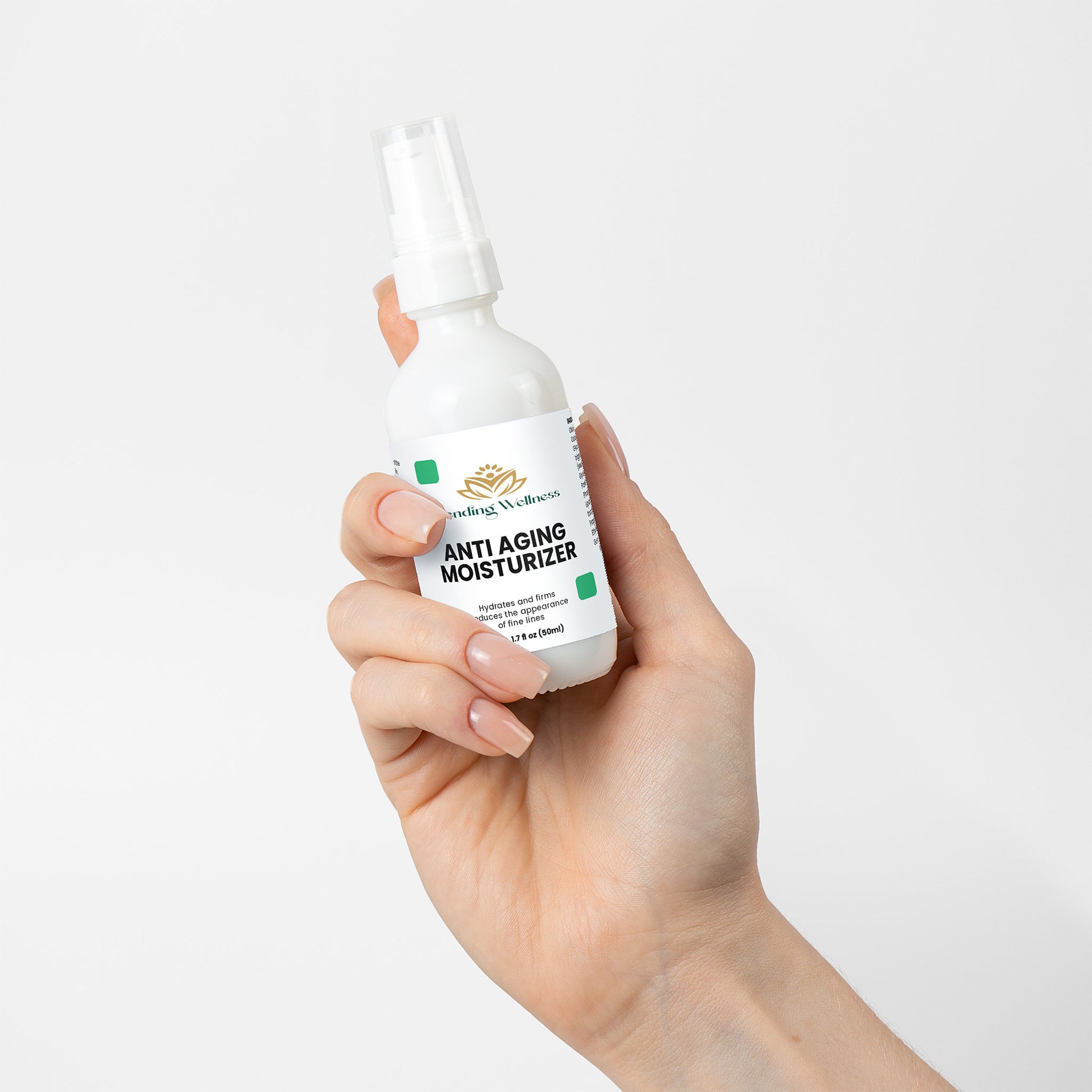 Hand holding a bottle of Missha Anti-Aging Moisturizer against a white background