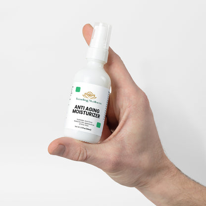 Hand holding a bottle of Intura Anti Aging Moisturizer against a white background