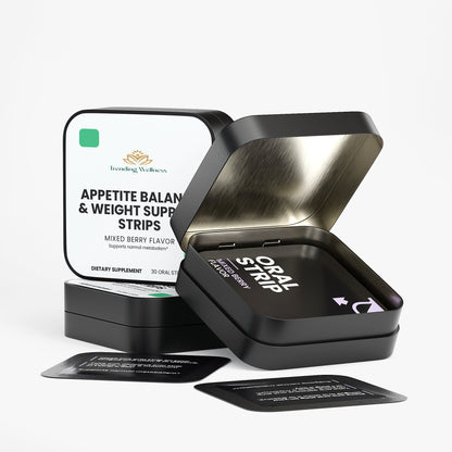 Black container with 'Oral Strip' packaging and 'Trending Wellness' branding on a white background.