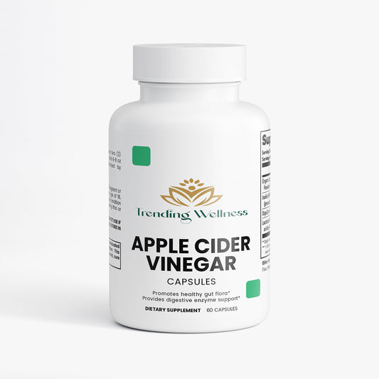 Bottle of Trending Wellness Apple Cider Vinegar capsules on a white background