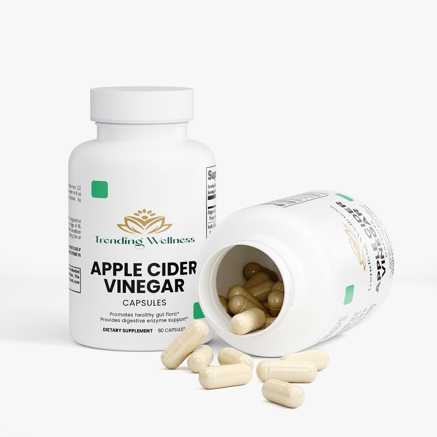 Apple cider vinegar capsules with a bottle labeled 'Trending Wellness' on a white background