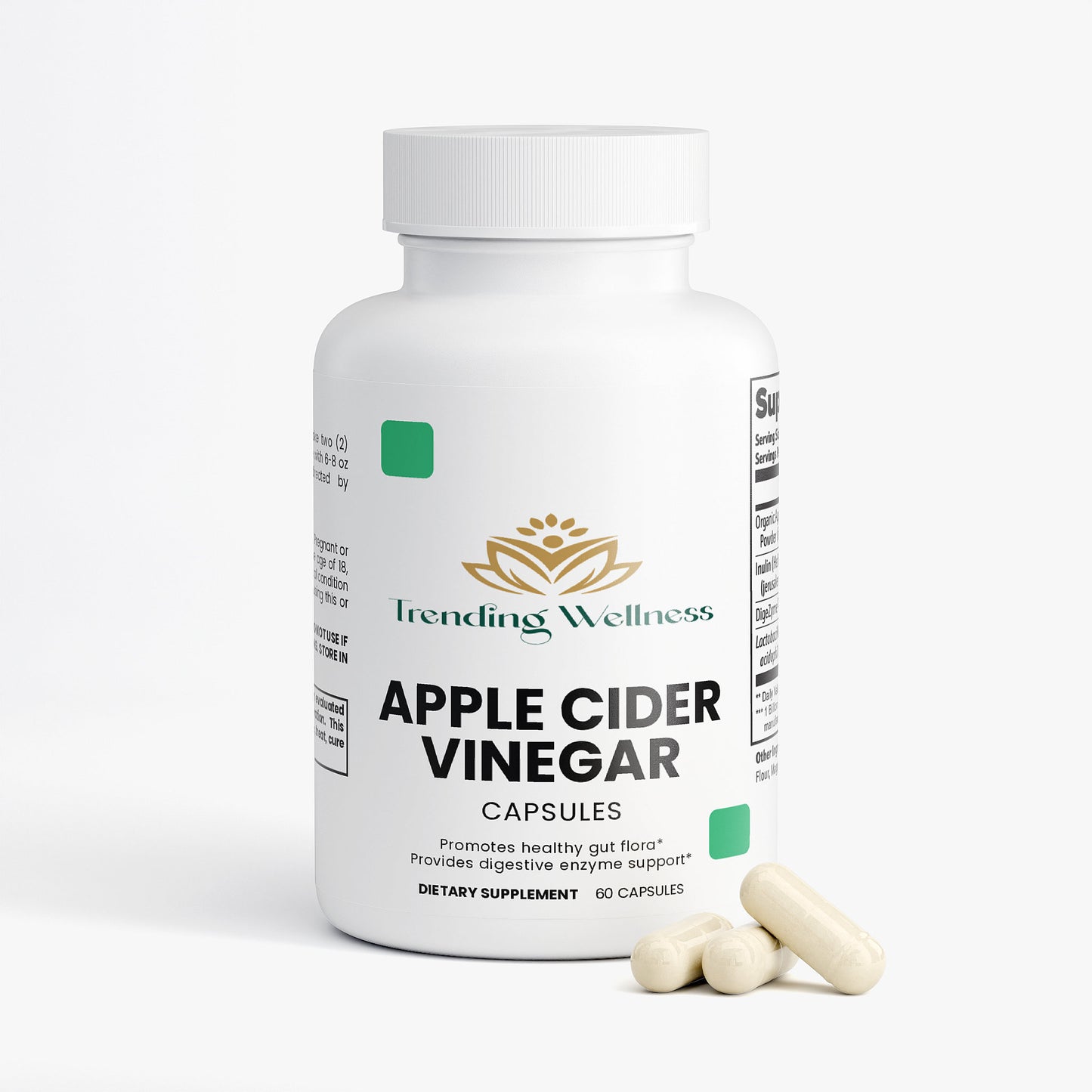 Bottle of Trending Wellness Apple Cider Vinegar capsules on a white background