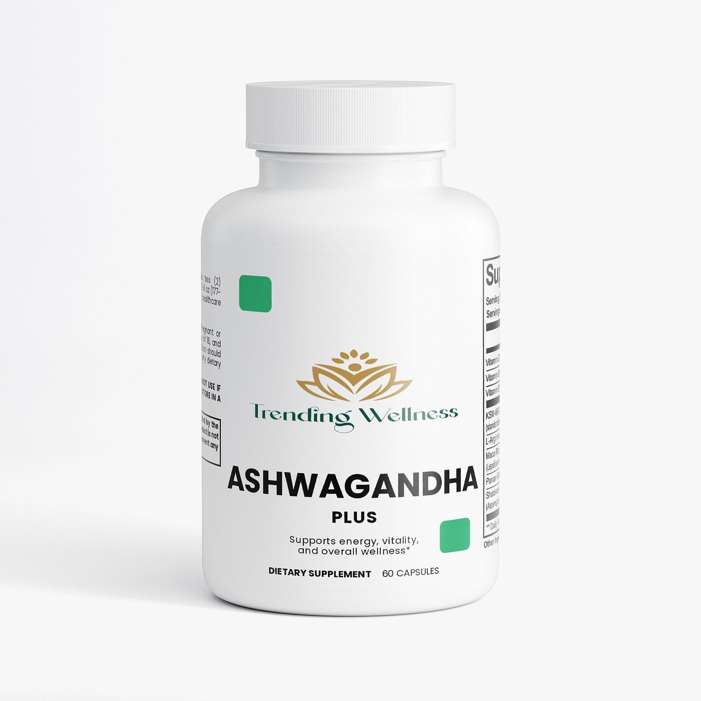 Bottle of Trending Wellness Ashwagandha Plus supplement on a white background