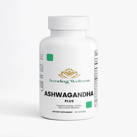 Bottle of Trending Wellness Ashwagandha Plus supplement on a white background