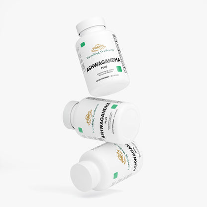 Three bottles of Ashwagandha Plus on a white background