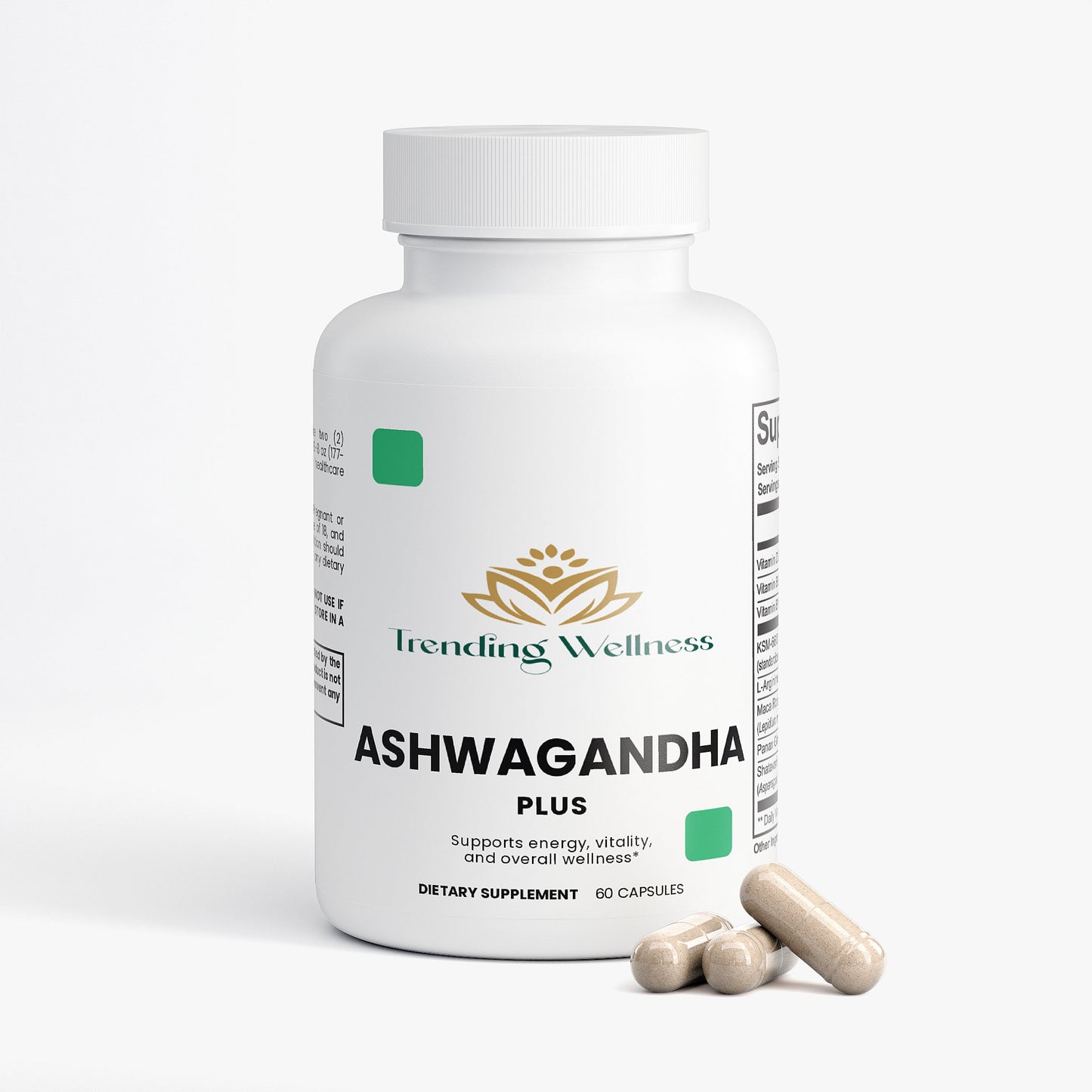 Trending Wellness Ashwagandha Plus supplement bottle with capsules on a white background