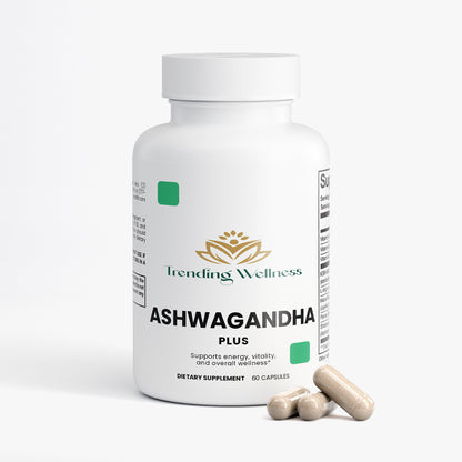 Trending Wellness Ashwagandha Plus supplement bottle with capsules on a white background