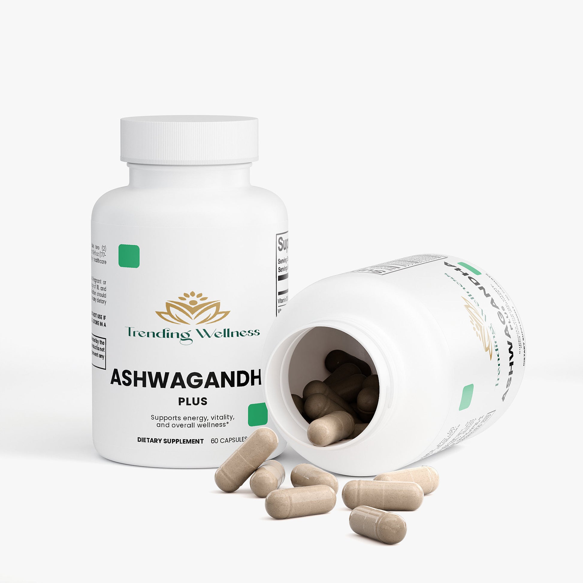 Trending Wellness Ashwagandha Plus dietary supplement bottle with open cap on a white background
