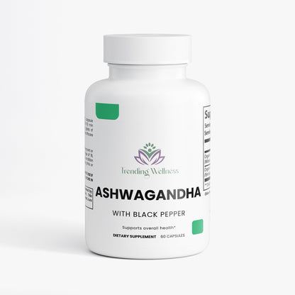 Supplement bottle labeled 'Ashwagandha' with 'Trending Wellness' on a white background