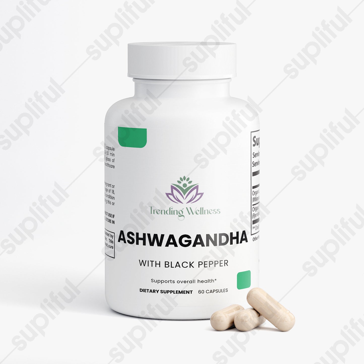 Supplement bottle labeled 'ASHWAGANDHA' with two capsules on a white background