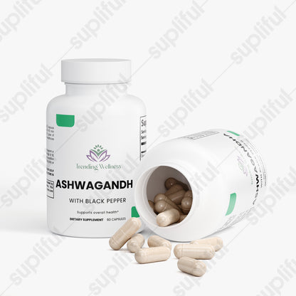 Supplement bottle labeled 'Ashwagandha with Black Pepper' from Trending Wellness on a white background.