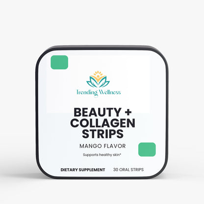 Packaging of Beauty + Collagen Strips with Mango Flavor by Trending Wellness on a white background.