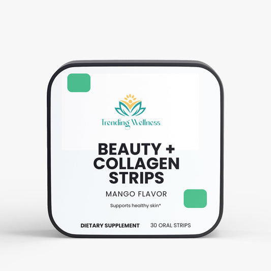Packaging of Beauty + Collagen Strips with Mango Flavor by Trending Wellness on a white background.