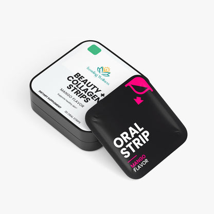 Black box with 'Oral Strip' and 'Beauty Collagen Strips' text on a white background